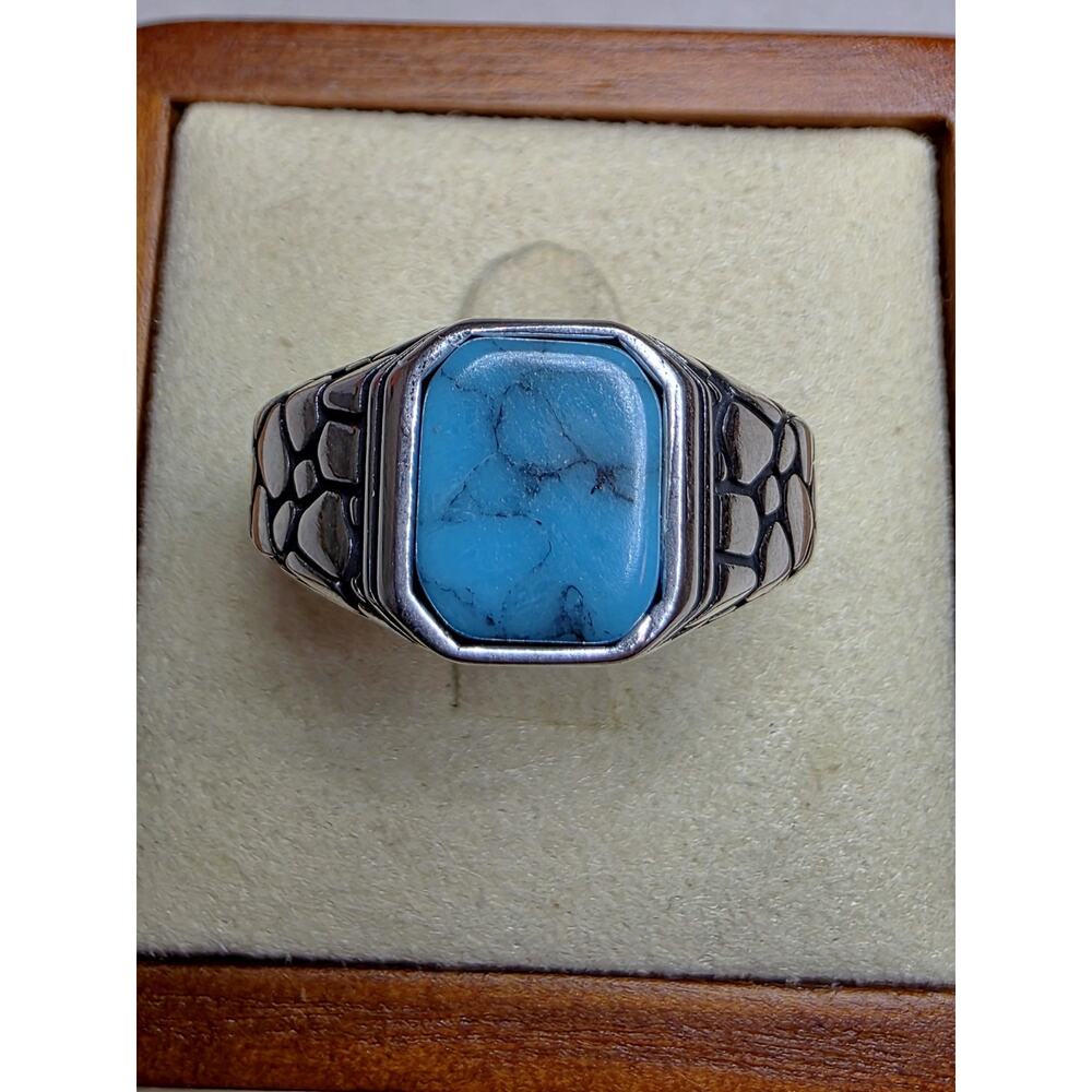 S10 Natural Turquoise Signet Engraved Ring 925 Sterling Silver - Picture 4 of 9